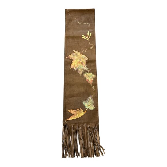 Brown Suede Fringed Scarf With Leaf Embroidery By Strévé Canada - Picture 2 of 8